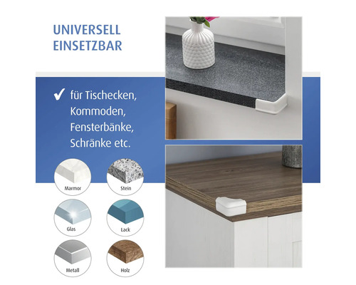Universell einsetzbarer Eckenschutz für Möbel aus Marmor, Stein, Glas, Lack, Metall und Holz an Fensterbänken und Schränken.