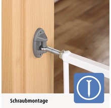 Montage par vissage d une barriere de securite sur un cadre de porte en bois avec support gris et raccord visse.