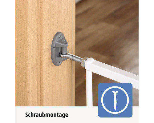 Montage par vissage d une barriere de securite sur un cadre de porte en bois avec support gris et raccord visse.