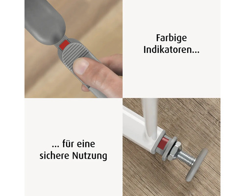 Detail eines Türschutzgitters mit farbigen Indikatoren zur Kontrolle der korrekten Montage und für eine sichere Nutzung.