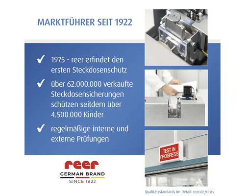 Infografik von reer zur Unternehmensgeschichte seit 1922, zum ersten Steckdosenschutz 1975 und zu regelmäßigen Qualitätsprüfungen. reer Logo.