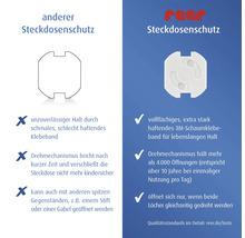 Reer Logo und Vergleich zwischen Reer Steckdosenschutz und Standardprodukten mit Details zu Klebekraft, Langlebigkeit und Kindersicherheit.