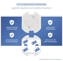Steckdosensicherung mit 3M Logo Klebeband, einfache Montage, universell passend für alle Steckdosen, sicher bis zu 4000 Anwendungen.