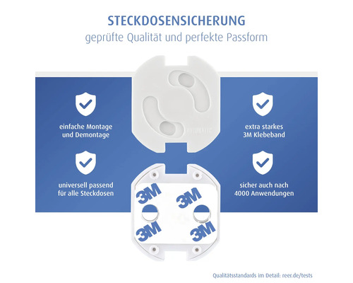 Steckdosensicherung mit 3M Logo Klebeband, einfache Montage, universell passend für alle Steckdosen, sicher bis zu 4000 Anwendungen.