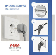 Montageanleitung für reer Steckdosenschutz ohne Werkzeug: Folie abziehen, auf Stecker drücken, in Steckdose einsetzen. reer Logo.