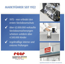 Infografik von reer zur Unternehmensgeschichte seit 1922, zum ersten Steckdosenschutz 1975 und zu regelmäßigen Qualitätsprüfungen. reer Logo.