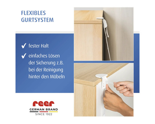 Reer Möbel-Kippsicherung mit flexiblem Gurtsystem zur Wandmontage von Schränken für festen Halt und einfaches Lösen zum Reinigen. Reer Logo.