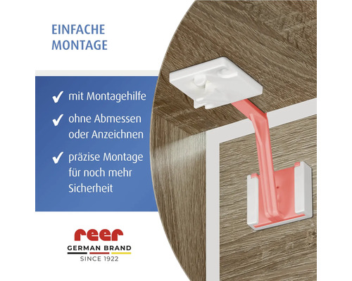 Sécurité enfant reer pour armoires et tiroirs avec aide au montage pour une fixation précise sans mesure dans un meuble en bois et reer Logo.