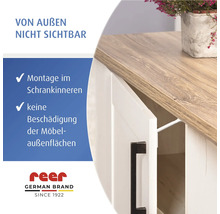 Verrou de sécurité reer pour placard, monté à l'intérieur, invisible de l'extérieur, préserve les surfaces du meuble. Logo reer.