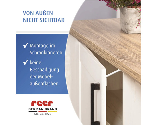 Verrou de sécurité reer pour placard, monté à l'intérieur, invisible de l'extérieur, préserve les surfaces du meuble. Logo reer.