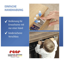 Sécurité enfant pour tiroirs de Reer, utilisation simple à une main pour adultes et fermeture sécurisée pour enfants, Reer Logo.