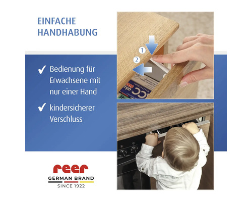 Sécurité enfant pour tiroirs de Reer, utilisation simple à une main pour adultes et fermeture sécurisée pour enfants, Reer Logo.