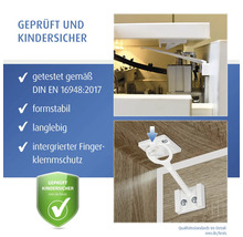 Infographie sur le verrou de placard reer avec protection intégrée anti-pincement, testé selon DIN EN 16948:2017, stable et durable.