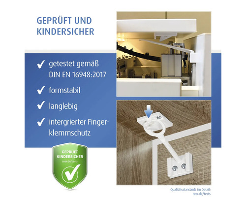 Infographie sur le verrou de placard reer avec protection intégrée anti-pincement, testé selon DIN EN 16948:2017, stable et durable.