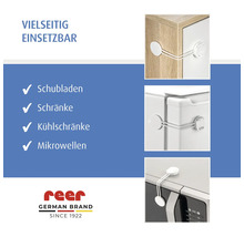 Vielseitige Kindersicherung für Schubladen, Schränke, Kühlschränke und Mikrowellen. reer Logo.