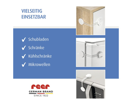 Vielseitige Kindersicherung für Schubladen, Schränke, Kühlschränke und Mikrowellen. reer Logo.
