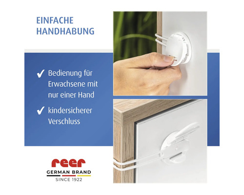 reer Schrank- und Schubladensicherung, einhändige Bedienung für Erwachsene, kindersicherer Verschluss, reer Logo.