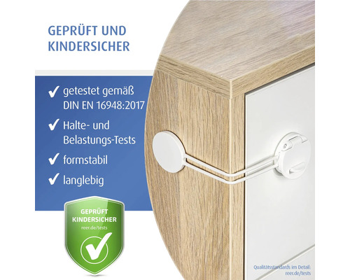 Kindersicherung für Schränke, geprüft nach Sicherheitsnorm 16948 aus 2017, Siegel für geprüfte Kindersicherheit, formstabil und langlebig.