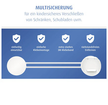 Multisicherung zur Kindersicherung von Schränken und Schubladen, vielseitig einsetzbar, einfache Klebemontage mit extra starkem 3M Klebeband.