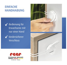 reer Schrank- und Schubladensicherung, einhändige Bedienung für Erwachsene, kindersicherer Verschluss, reer Logo.