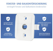 Fenster- und Balkontürsicherung aus weißem Kunststoff, Kindersicherung ohne Bohren oder Kleben, passend für fast alle Fenstergriffe.