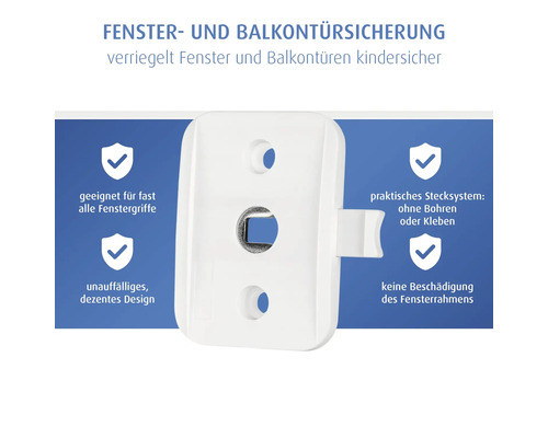 Fenster- und Balkontürsicherung aus weißem Kunststoff, Kindersicherung ohne Bohren oder Kleben, passend für fast alle Fenstergriffe.