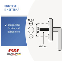 Technische Zeichnung einer reer Sicherung für Fenster und Balkontüren mit 43 Millimeter Lochabstand, 10 Millimeter Durchmesser, Vierkant und reer Logo.