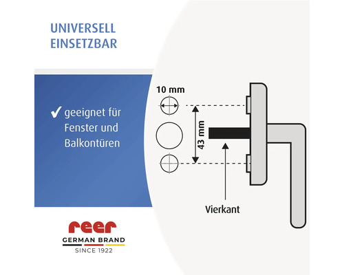 Technische Zeichnung einer reer Sicherung für Fenster und Balkontüren mit 43 Millimeter Lochabstand, 10 Millimeter Durchmesser, Vierkant und reer Logo.