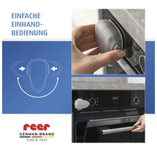Protection grise en plastique pour boutons de four reer, utilisation d une seule main. Sécurité enfant. Marque allemande. reer Logo.