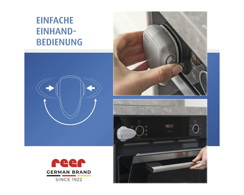 Protection grise en plastique pour boutons de four reer, utilisation d une seule main. Sécurité enfant. Marque allemande. reer Logo.