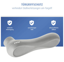 Protection de poignée de porte Reer en silicone gris pour éviter les blessures, installation facile, maintien fiable et lavable.