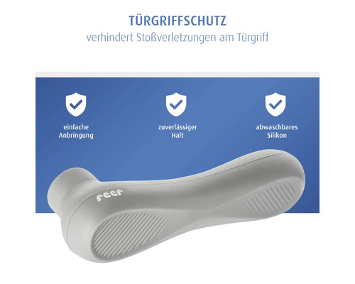 Protection de poignée de porte Reer en silicone gris pour éviter les blessures, installation facile, maintien fiable et lavable.