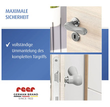 Protection de poignée de porte reer en silicone pour un enveloppement complet assurant sécurité et protection contre les chocs. reer Logo.