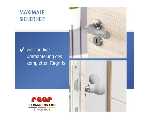 Protection de poignée de porte reer en silicone pour un enveloppement complet assurant sécurité et protection contre les chocs. reer Logo.