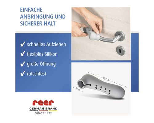 Protection de poignée de porte en silicone reer, montage sur une poignée de porte, 13 centimètres de long, flexible et antidérapant. Logo reer.