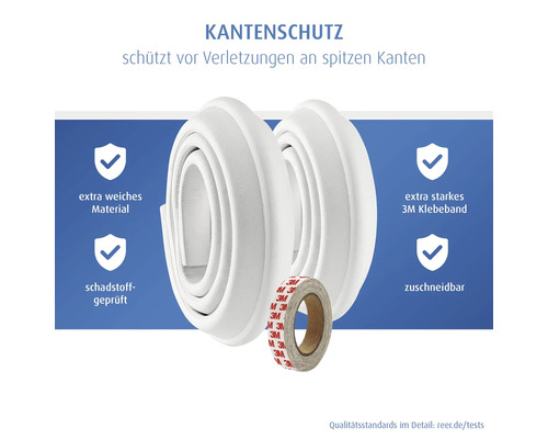 Kantenschutz aus weichem Material zum Zuschneiden, schadstoffgeprüft, inklusive extra starkem 3M Logo Klebeband zum Schutz vor spitzen Kanten.