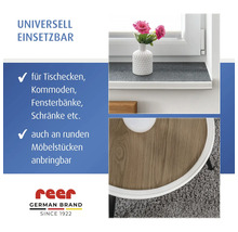 reer Logo. Weißer Kantenschutz für gerade Kanten an Fensterbänken und runde Möbelstücke wie Tische.