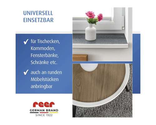 reer Logo. Weißer Kantenschutz für gerade Kanten an Fensterbänken und runde Möbelstücke wie Tische.