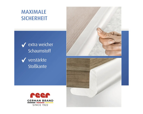 reer Kantenschutz aus extra weichem Schaumstoff mit verstärkter Stoßkante für Möbelkanten zum Schutz vor Verletzungen, reer Logo.