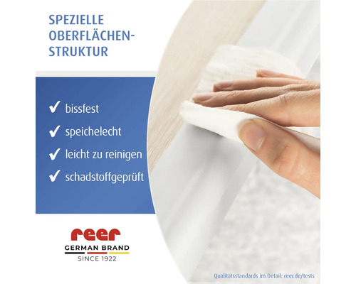 reer Kantenschutz, bissfest, speichelecht, leicht zu reinigen, schadstoffgeprüft, spezielle Oberflächenstruktur, reer Logo.