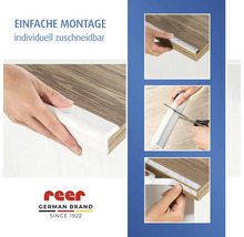 Montageanleitung für Reer Eckenschutz: Ausmessen, Zuschneiden und Anbringen des selbstklebenden Schaumstoffs an einer Holzkante. reer Logo.
