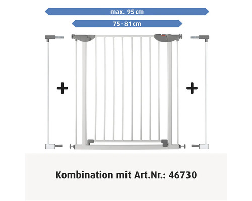 Türschutzgitter mit Verlängerungen, Breite 75 bis 81 Zentimeter, maximal 95 Zentimeter, Kombination mit Artikelnummer 46730.