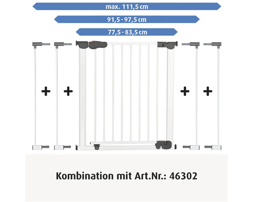 Türschutzgitter mit Erweiterungen für Breiten von 77,5 bis maximal 111,5 Zentimeter. Kombination mit Artikelnummer 46302.