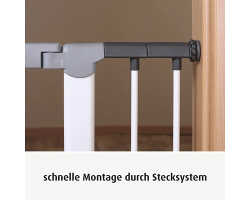 Detailansicht eines Schutzgitters mit Stecksystem zur schnellen Montage an einem Türrahmen.