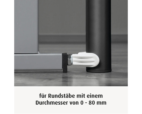 Adaptateur de fixation pour barrière de sécurité sur des barres rondes d'un diamètre de 0 à 80 millimètres.