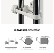 Kit de montage pour barrière de sécurité sur barreaux, poteaux ronds et poteaux d'angle avec dimensions en millimètres.