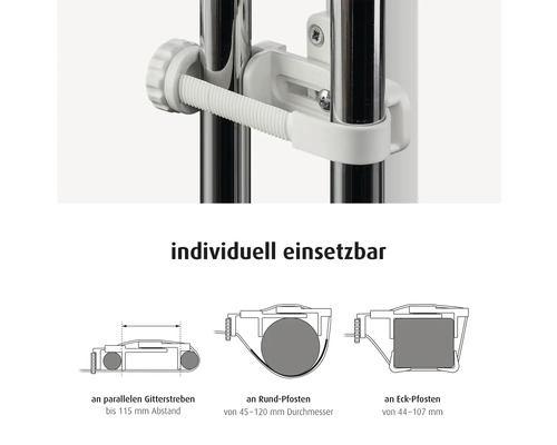Kit de montage pour barrière de sécurité sur barreaux, poteaux ronds et poteaux d'angle avec dimensions en millimètres.