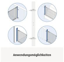 Diverses possibilités d'installation d'un rail de montage pour barrière de sécurité sur des rampes d'escalier et des murs.