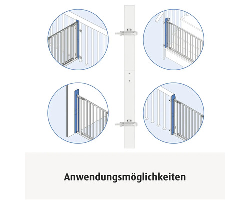 Diverses possibilités d'installation d'un rail de montage pour barrière de sécurité sur des rampes d'escalier et des murs.