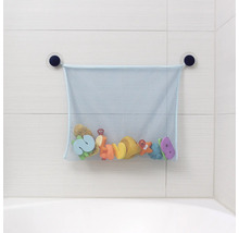 Filet de rangement pour jouets de bain avec ventouses sur mur carrelé, rempli de jouets colorés.